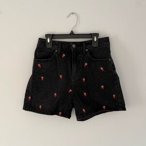 F21 Strawberry Embroidered Black Shorts